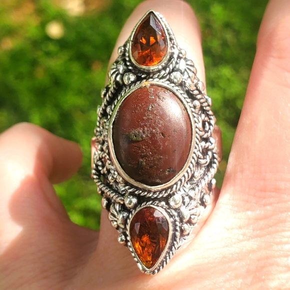 New Bloodstone & Golden Topaz Double Crescent Moon 925 Silver Statement Ring. - Picture 3 of 16